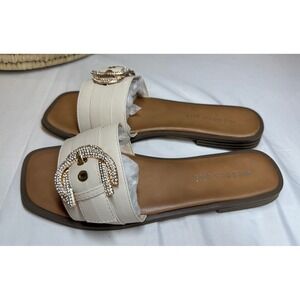 Madden Girl Glidee Cream Rhinestone Buckle Slide Sandals Womens 8 GLID01J1 Flat